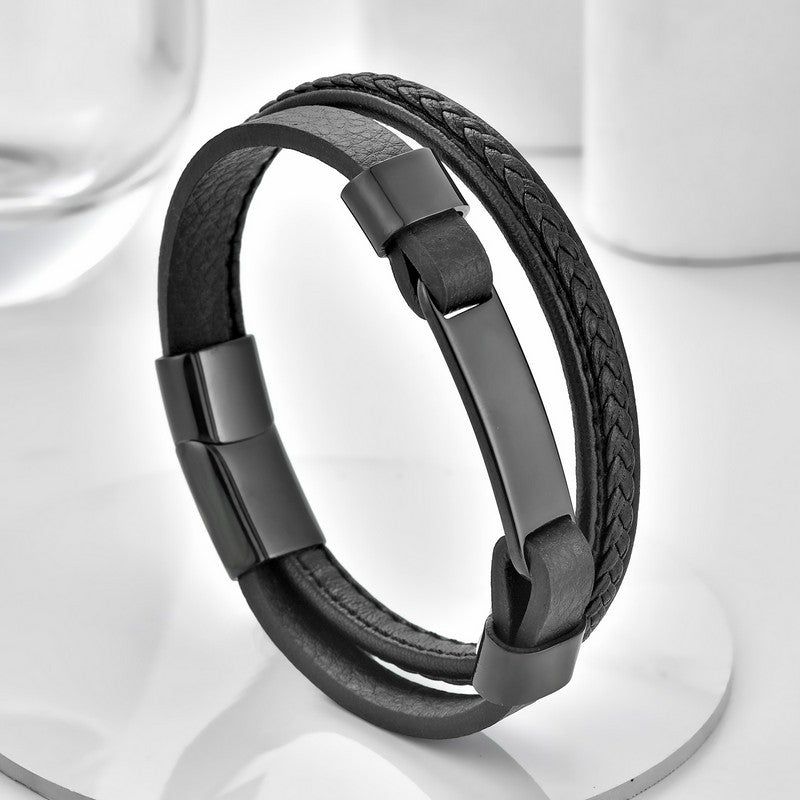 Buddha Stones Geflochtenes Lederarmband mit doppelter Lage - Schwarz - image 0