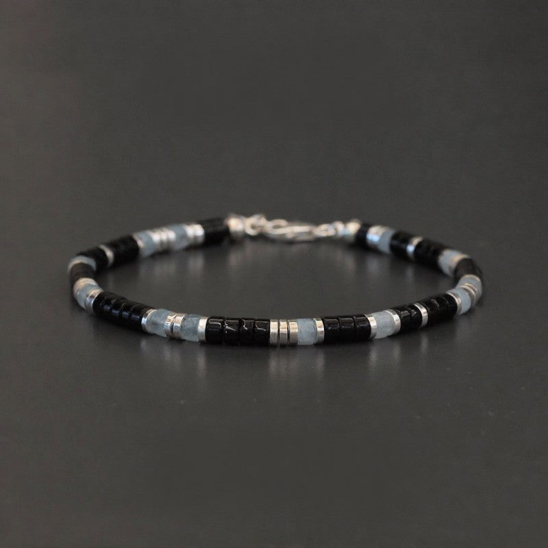Buddha Stones Schwarzes Onyx- und blaues Chalcedon-Schutz-Stretch-Perlenarmband - Blauer Chalcedon & Schwarzer Onyx (Handgelenkumfang: 16–18 cm) - image 0