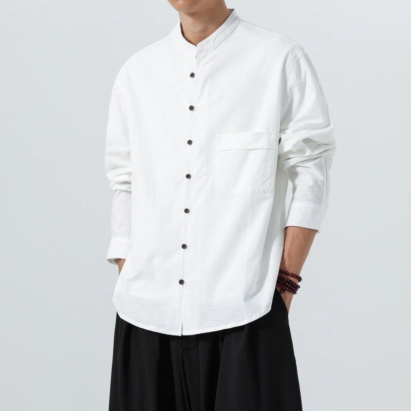 Buddha Stones Minimalistisches Herren-Langarmhemd im Tang-Stil mit Stehkragen, aufgesetzter Tasche und Tasche - Weiß - US/UK/AU46, EU56 (5XL) - image 18
