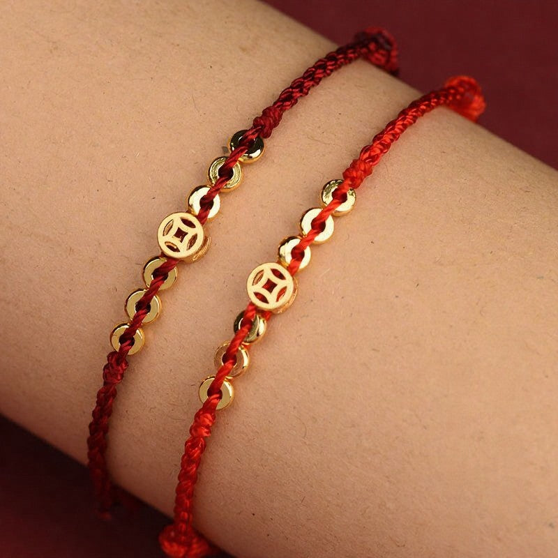 Buddha Stones Geflochtenes rotes Armband mit runder chinesischer Münze als Glücksbringer - image 5