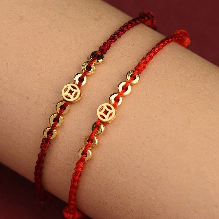 Buddha Stones Geflochtenes rotes Armband mit runder chinesischer Münze als Glücksbringer - image 5
