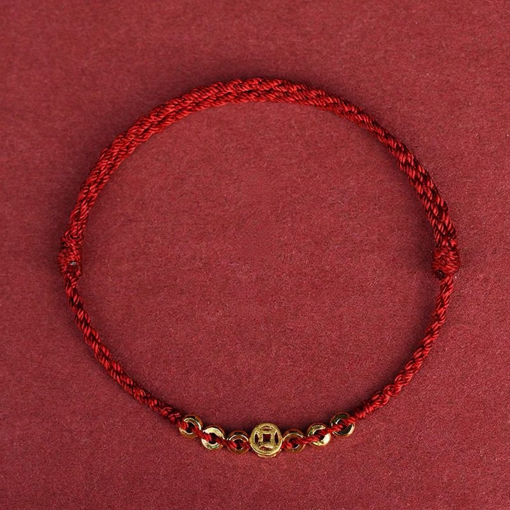 Buddha Stones Geflochtenes rotes Armband mit runder chinesischer Münze als Glücksbringer - Dunkelrot (Handgelenkumfang: 16–19 cm) - image 3