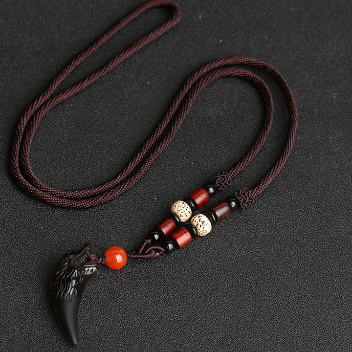 Buddha Stones, natürlicher Eis-Obsidian, Wolfszahn-Muster, Mut-Halsketten-Anhänger - 41 x 14 mm Eisobsidian, Bodhi-Samen und braune Schnur - image 8