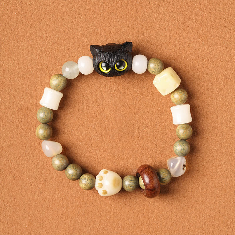 Buddha Stones, Bodhi-Samen, grünes Sandelholz, Ebenholz, kleines Blatt, rotes Sandelholz, Katzenkopf, Pfotenkralle, Friedensarmband - Süße Katze aus Ebenholz (gelbe Augen) (Handgelenkumfang 14–16 cm) - image 16