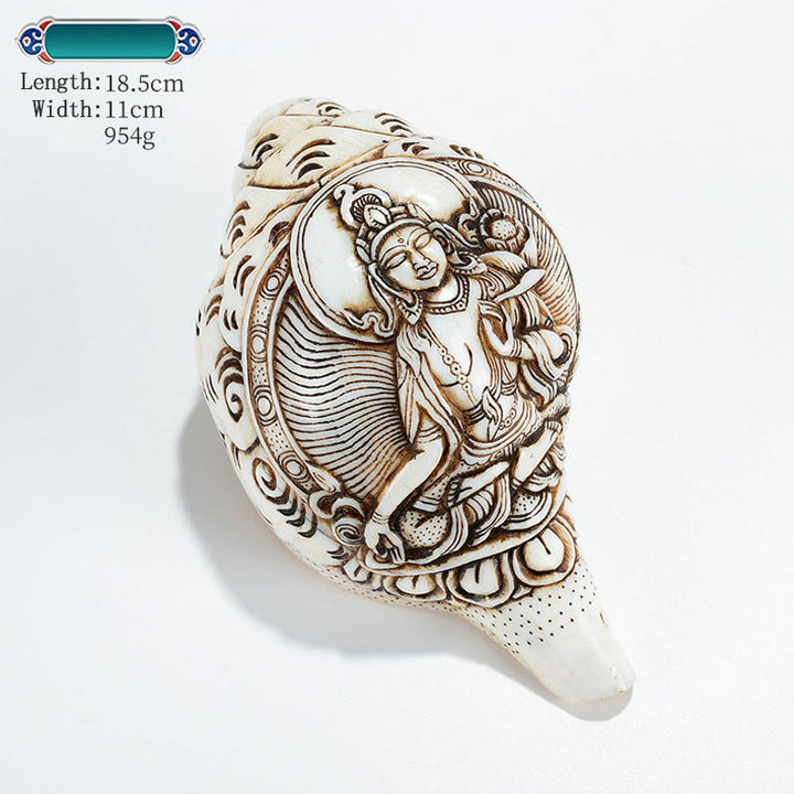 Tibetische handgemachte gravierte Shankha Buddha Avalokitesvara Conch Shell Reichtum Dekoration - Weiße Tara 18,5 x 11 cm - image 27