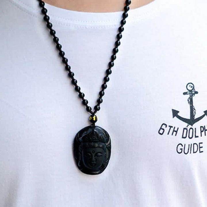 Buddha Stones Natürlicher schwarzer Obsidian Kwan Yin Avalokitesvara Kraftschnur-Halskettenanhänger - image 4