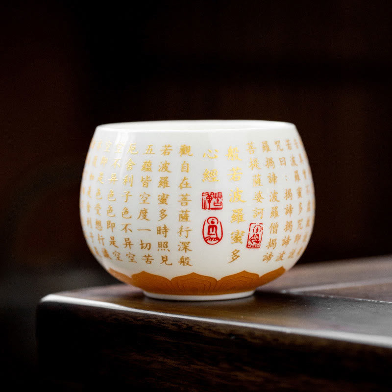 Buddha-Steine, buddhistisches Herz-Sutra, kleine Fu-Figur, Keramik-Gaiwan-Teetasse, Kung-Fu-Teetasse und Untertasse mit Deckel