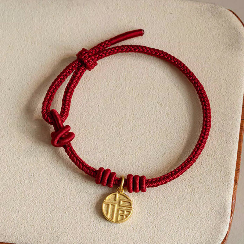 Buddha Stones Handgefertigtes Armband aus rotem Seil mit acht Fäden, Friedensknoten und Fu-Zeichen-Anhänger – ein Symbol für Glück und Freude - image 1