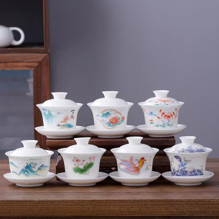 Buddha-Steine, Weiß Porzellan, Berglandschaft, Landschaft, Keramik, Gaiwan-Teetasse, Kung-Fu-Teetasse und Untertasse mit Deckel