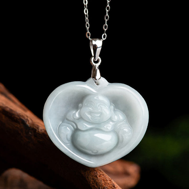 Buddha Stones 925 Sterling Silber Lachender Buddha Weiß Jade Glückssegen Halskettenanhänger