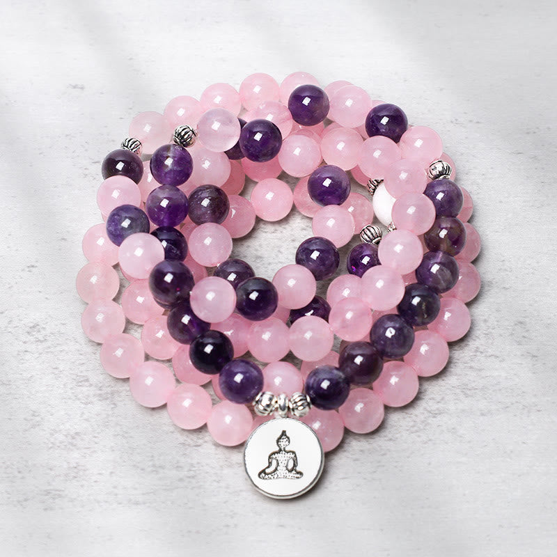 Buddha Stones Natürliches Rosenquarz- und Amethyst-Mala-Perlen-Lotus-Anhänger-Armband