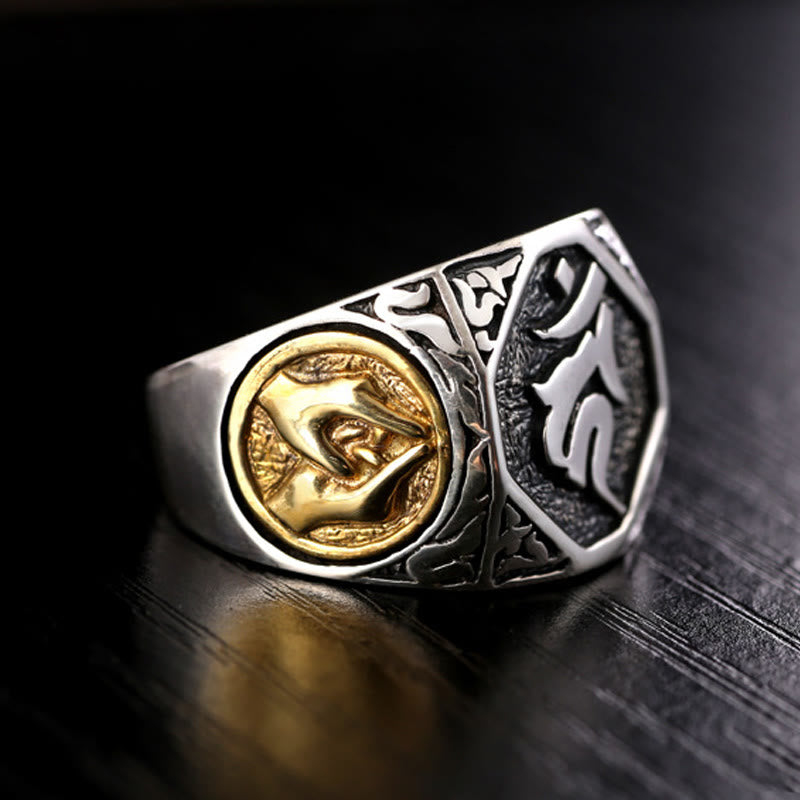Verstellbarer Ring aus 925er-Sterlingsilber mit Buddha Stonesn, Sanskrit-Design, geschnitzter Schutz - image 6