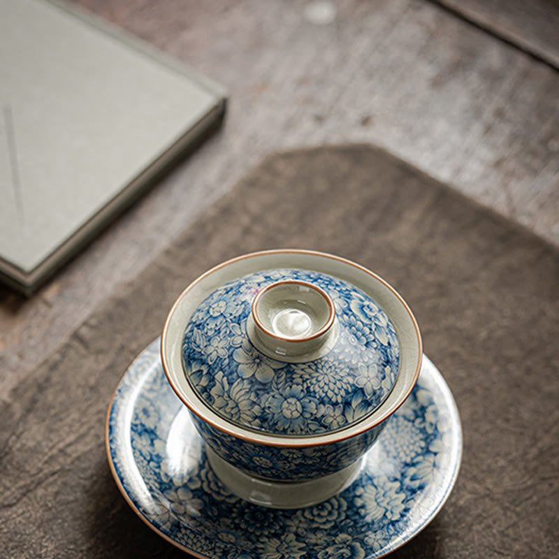 Buddha Stones Vintage Blaues und Weiß Porzellan Pfirsichblüte Lotus Pfingstrose Keramik Gaiwan Sancai Teetasse Kung Fu Teetasse und Untertasse mit Deckel - image 6