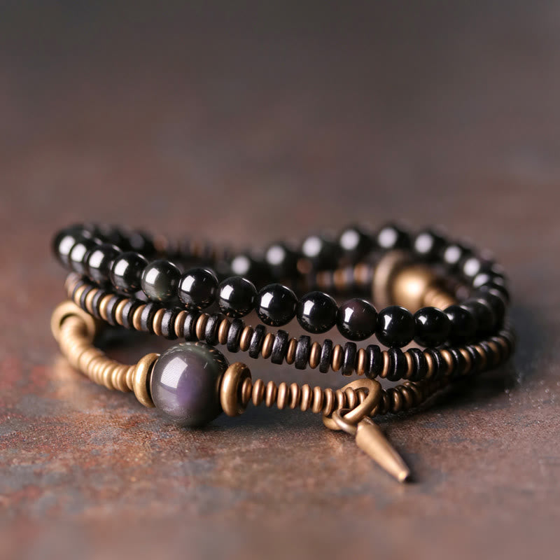 Buddha Stones, Regenbogen-Obsidian, Ebenholz, Kupfer, Heilung, dreifach gewickeltes Armband