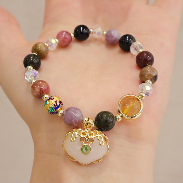 Buddha Stones Erdbeerquarz grüner Kristall Amethyst Heilung chinesisches Schloss Charm Armband