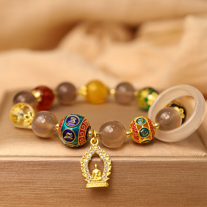 Buddha Stones Five Directions Gods of Wealth Om Mani Padme Hum Buddha-Charm-Armband, natürlicher grauer Achat