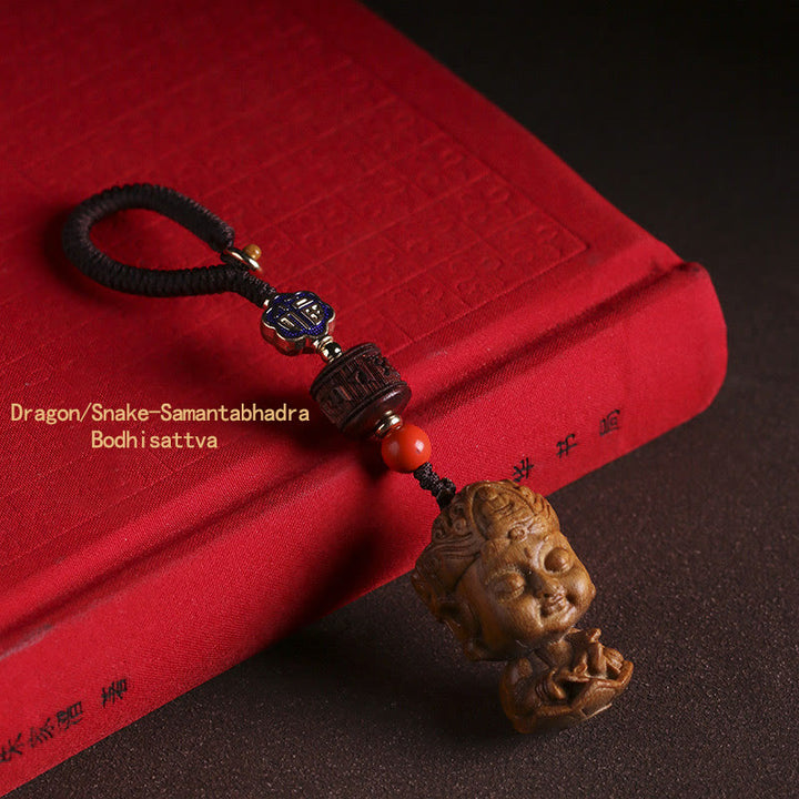 Chinesischer Tierkreiszeichen-Buddha-Schlüsselanhänger aus grünem Sandelholz Om Mani Padme Hum Frieden - Drache/Schlange-Samantabhadra Bodhisattva - image 13