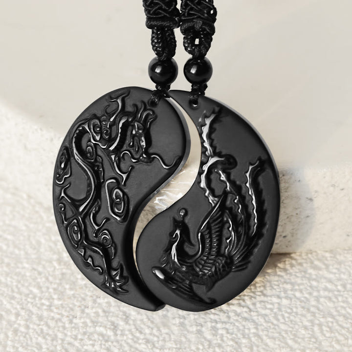 Buddha Stones, schwarzer Obsidian, Yin-Yang-Drache, Phönix, Glücks-Halsketten-Anhänger