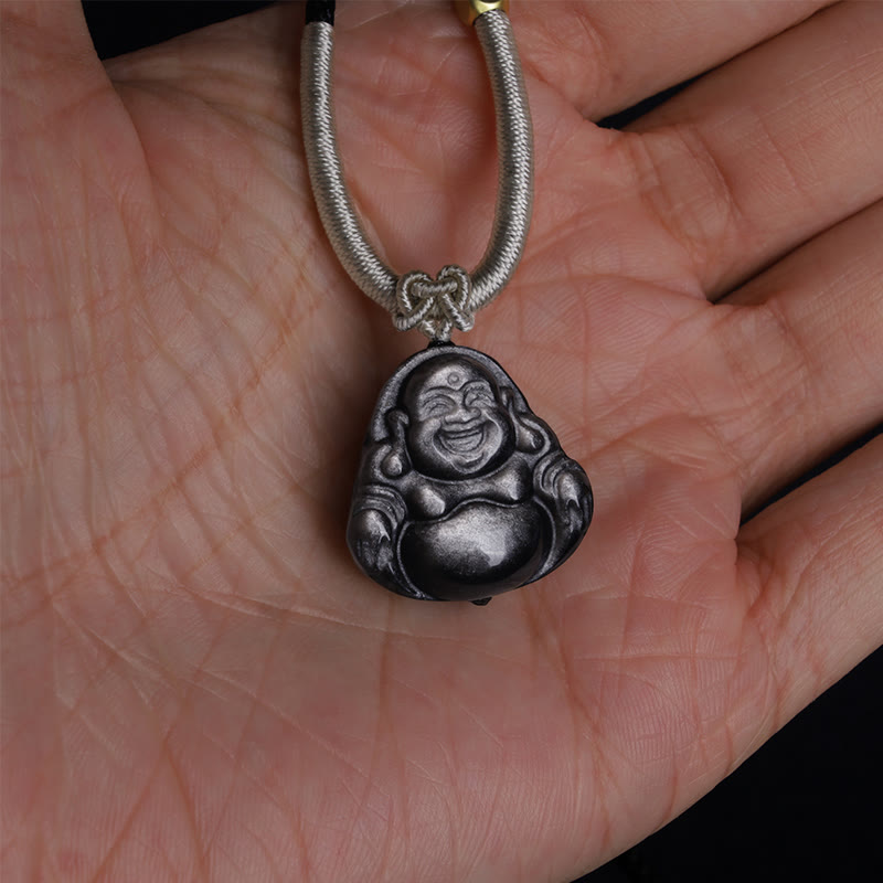 Buddha Stones, natürlicher silberfarbener Obsidian, lachender Buddha-Schutz-Halsketten-Anhänger - image 7