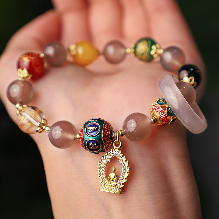 Buddha Stones Five Directions Gods of Wealth Om Mani Padme Hum Buddha-Charm-Armband, natürlicher grauer Achat