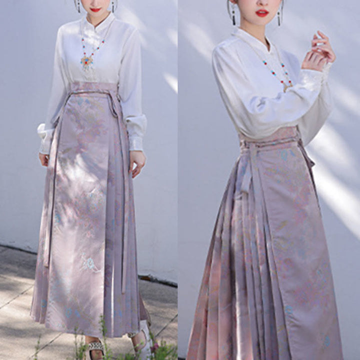 Buddha-Steine, chinesischer Hanfu, rosa, fliegender Kranich, bedruckt, Pferdegesichtsrock, Mamianqun