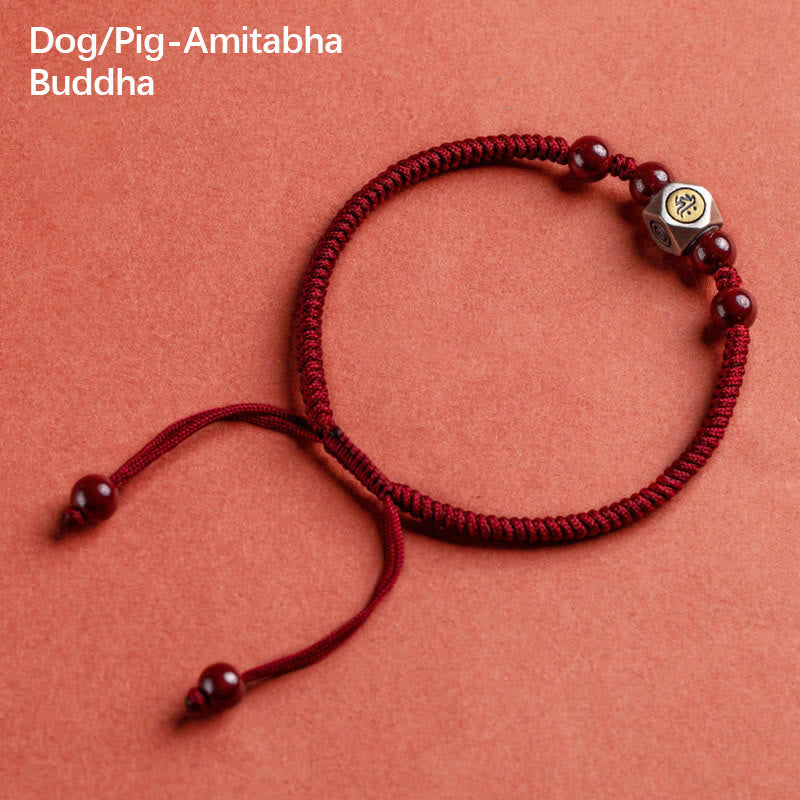 Buddha Stones 925 Sterling Silber Chinesisches Sternzeichen Natal Buddha Zinnober Calm Armband - Hund/Schwein-Amitabha Buddha - Rot (Handgelenkumfang 14–18 cm) - image 23