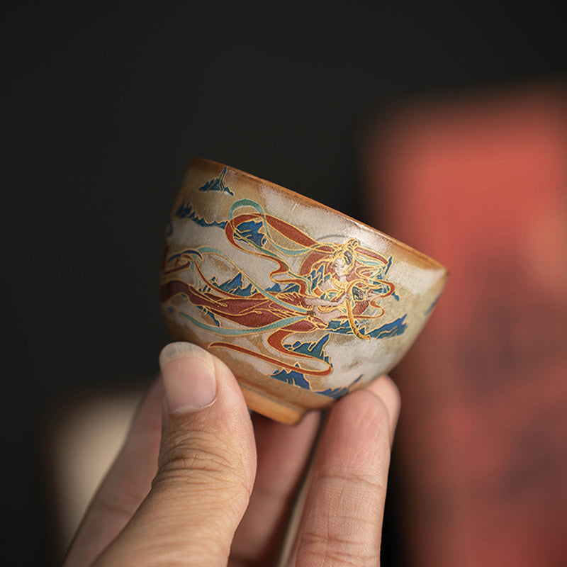 Buddha Stones Dunhuang Flying Apsaras Gaiwan Sancai Teetasse aus Keramik, Kung Fu Teetasse mit Deckel