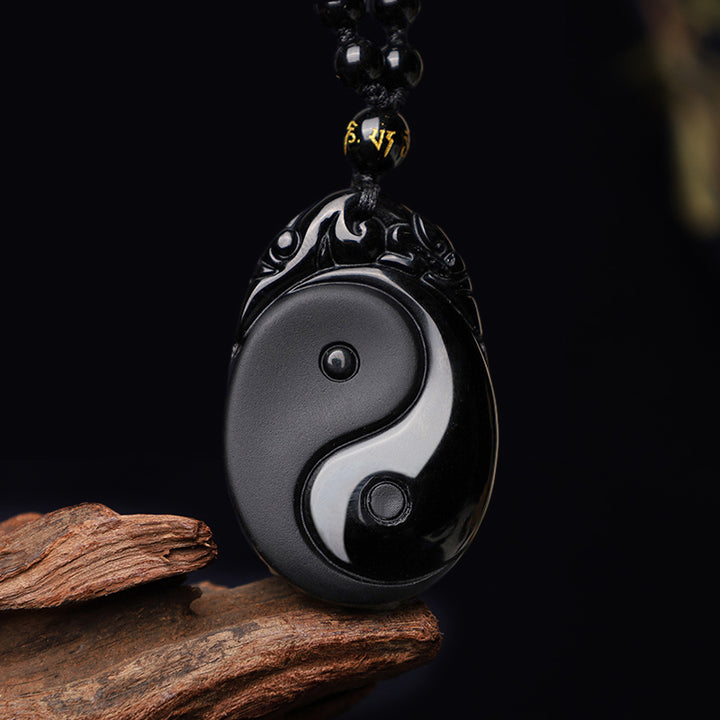 Buddha Stones Halsketten-Anhänger, natürlicher schwarzer Obsidian, Yin Yang, Fulfilment Strength