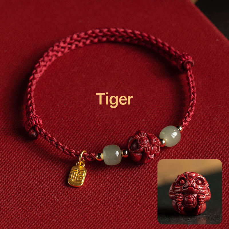 Buddha Stones, natürlicher Zinnober, chinesisches Sternzeichen, Hetian-Jade, Fu-Charakter, Glücksseil-Armband