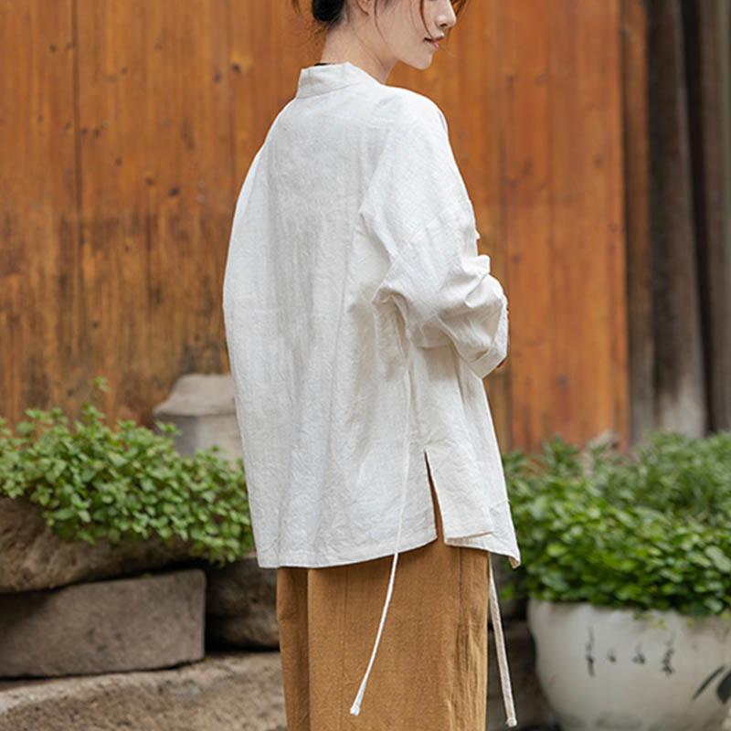 Buddha Stones Frosch-Knopf Hanfu Design Shirt Top Ramie Leinen Jacke