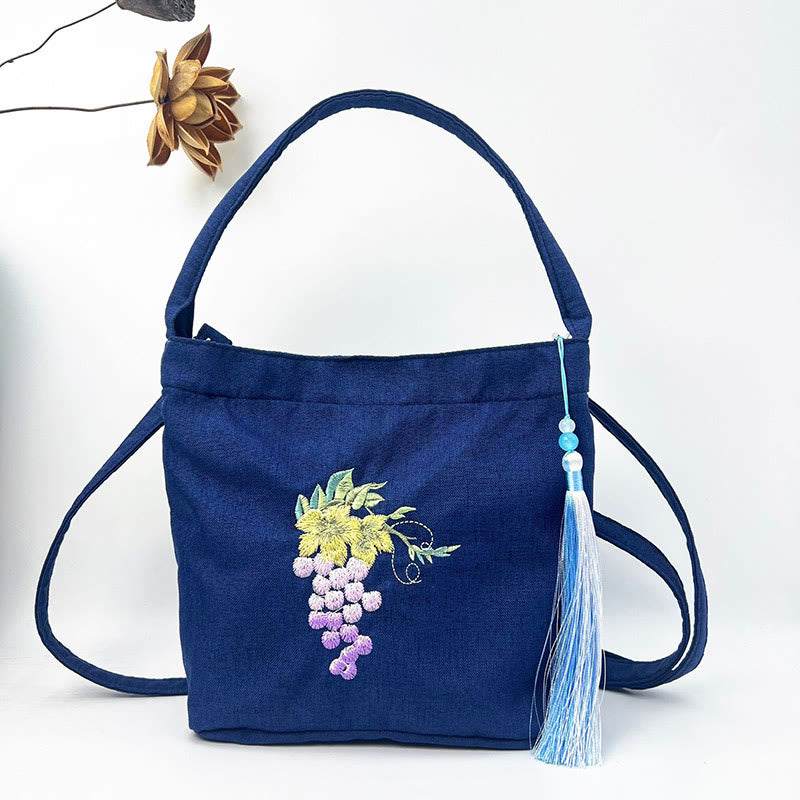 Buddha Stones Stickerei Wisteria Pflaume Lotus Kirschblüte Baumwolle Leinen Canvas Tote Umhängetasche Schultertasche Handtasche