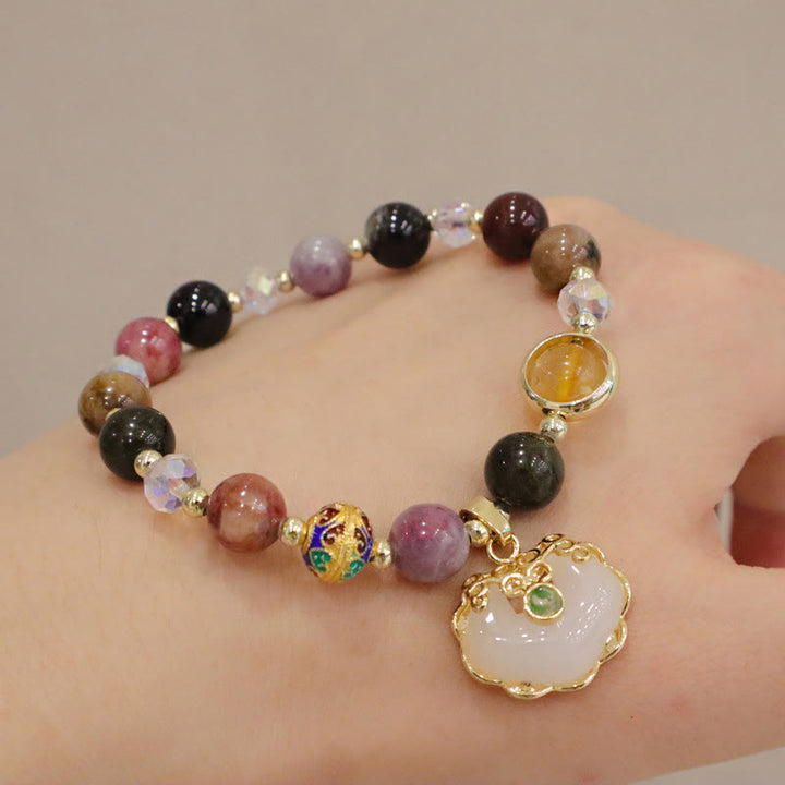 Buddha Stones Erdbeerquarz grüner Kristall Amethyst Heilung chinesisches Schloss Charm Armband