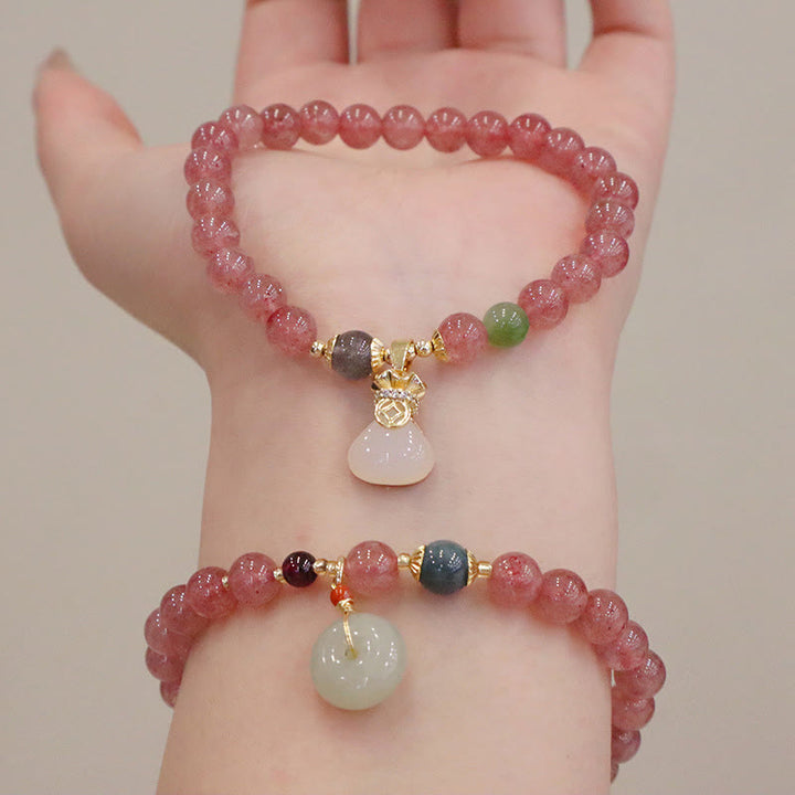 Buddha Stones Armband mit natürlicher Erdbeerquarz-Jade und Peace-Schnalle für Münzgeldbörse, Heilung