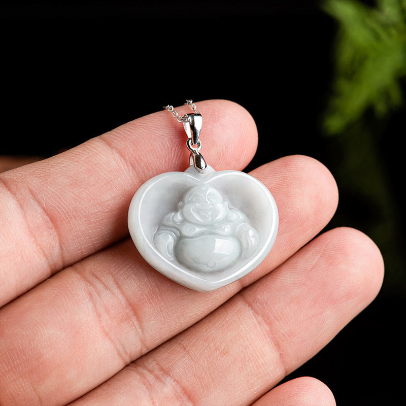 Buddha Stones 925 Sterling Silber Lachender Buddha Weiß Jade Glückssegen Halskettenanhänger