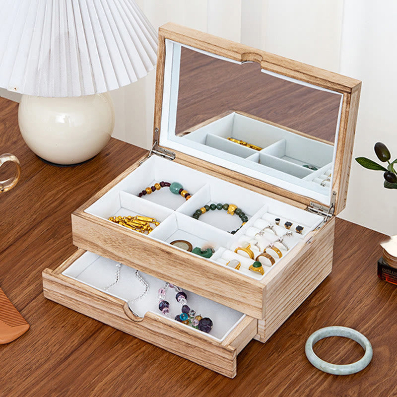 Buddha Stones Retro Beige Holz-Schmuckkästchen, zweilagige Schmuck-Aufbewahrungsbox mit Spiegel - image 3