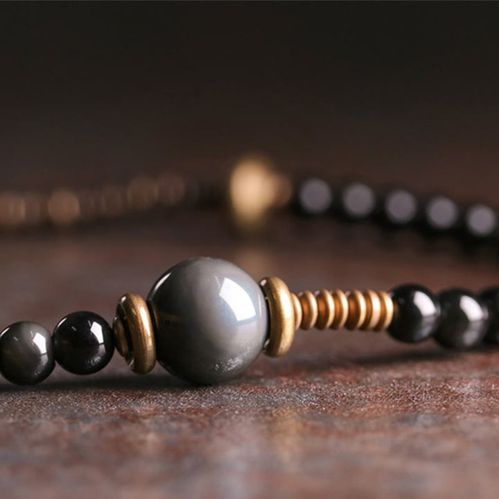 Buddha Stones Regenbogen-Obsidian-Ebenholz-Kupfer-positives mehrschichtiges Armband