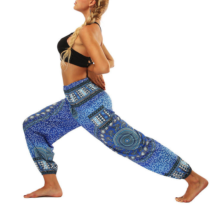 Buddha Stones Boho Lockere Haremshose mit geometrischem Elefantenmuster für Damen, Yogahose