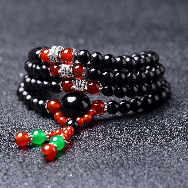 Buddha Stones 108 Perlen natürliches schwarzes Obsidian-Tigerauge-Mala-Armband