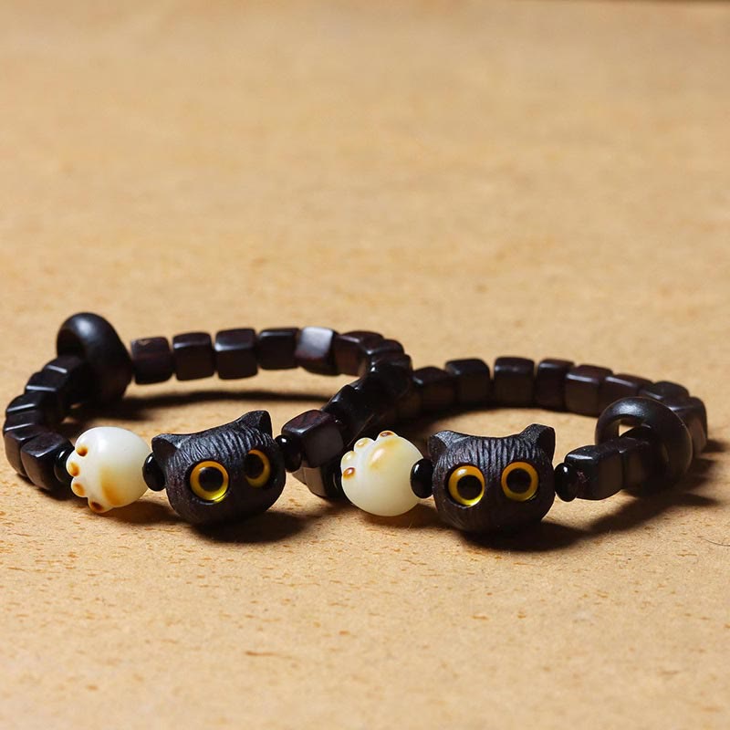 Armband mit Buddha Stonesn, Ebenholz, süße Katze, Bodhi-Samen, Pfotenklaue, quadratische Perlen, ruhiges Armband - image 4