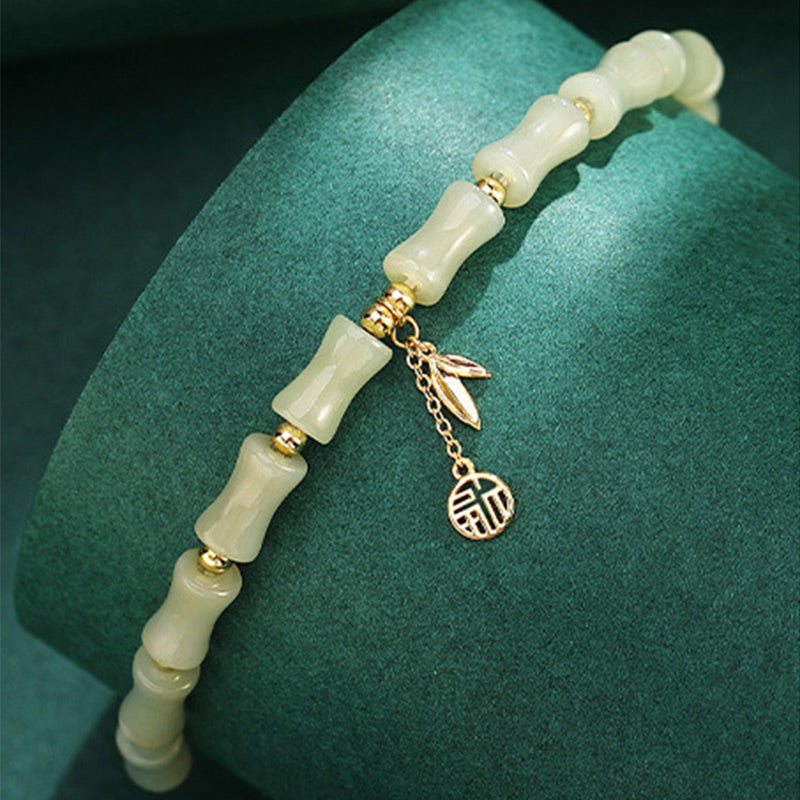 Buddha Stones Halskette mit Anhänger und Armband aus 925er-Sterlingsilber, hetianische Jade, Bambus, Fu, Charakter, Wohlstand