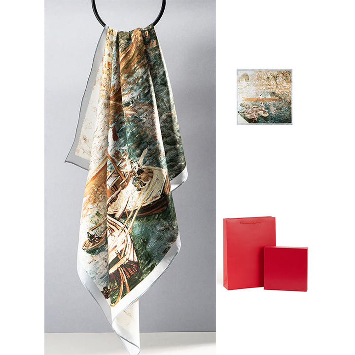 Buddha Stones, Dschungel-Ölgemälde, verheißungsvolle Wolken, Schal aus 100 % Maulbeerseide, doppelseitiger Seidenhalsschal der Premiumklasse 6A - Ölgemälde-Welt (Mädchen und Schiff) - image 16