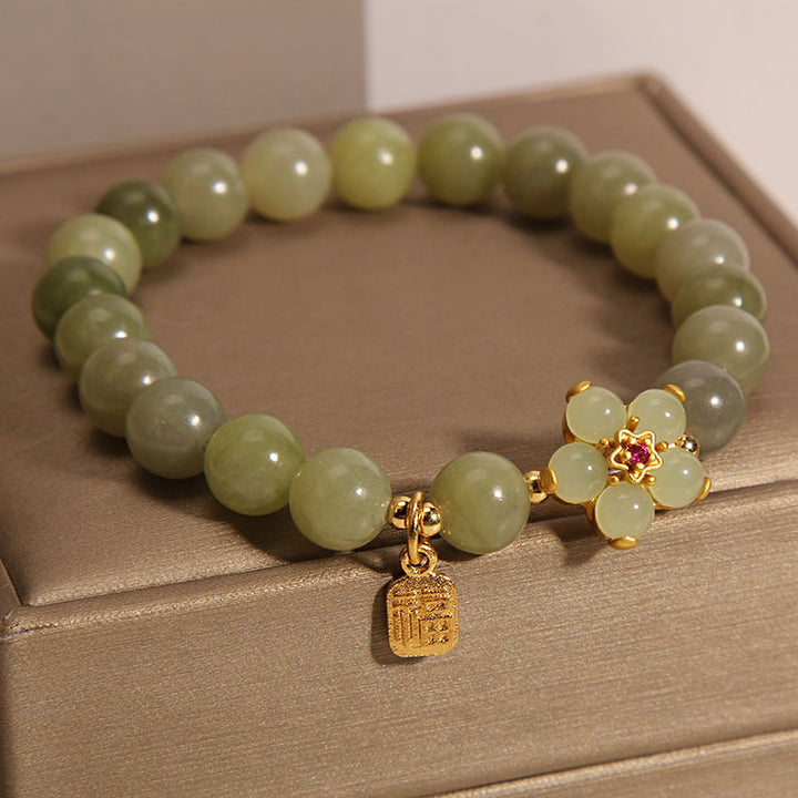 Buddha-Steine, grüne Jade, Blume, Fu-Charm, Glücksarmband