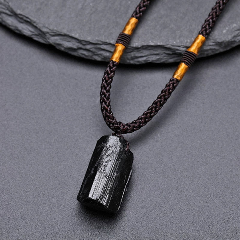 Buddha Stones Natürlicher schwarzer Turmalin positiver Seil-Halskettenanhänger