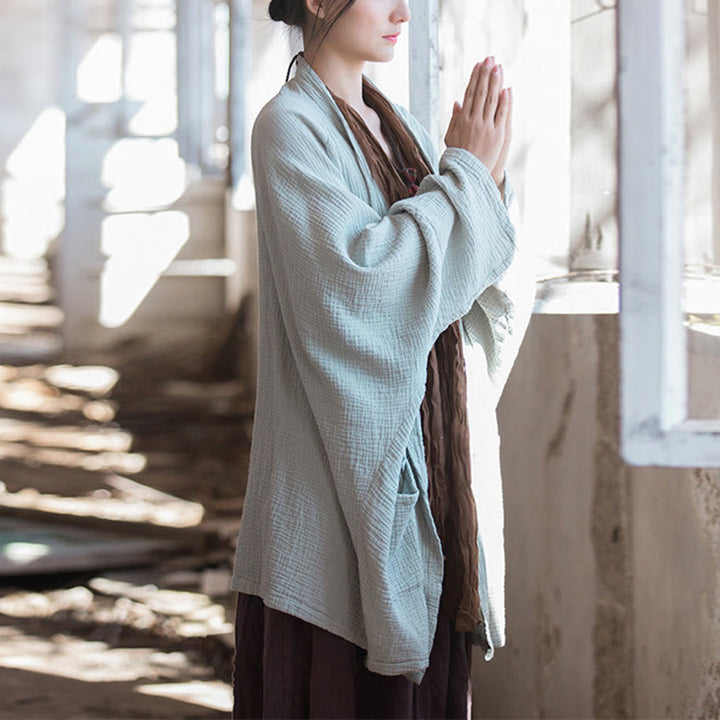 Buddha-Steine, schlichtes Design, langärmeliger Mantel, Zen-Meditation, offene Vorderseite, Baumwolljacke