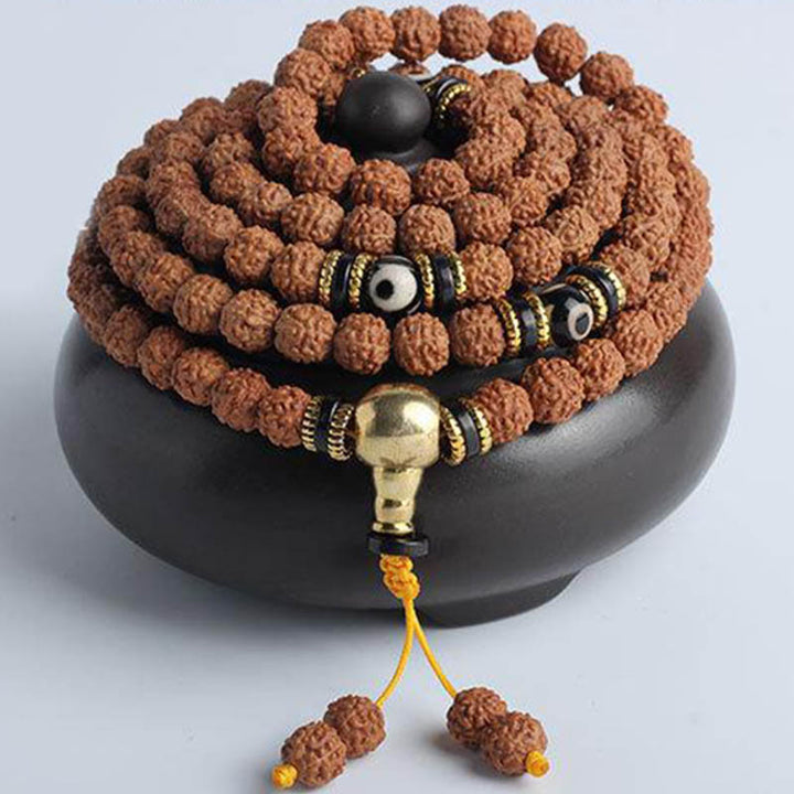 Buddha Stones Rudraksha Bodhi Seed Dzi Bead Luck Wealth Armband 108 Mala Beads