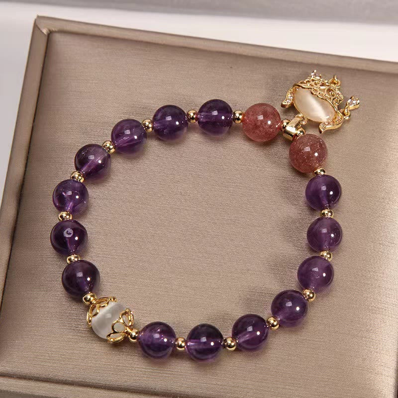 Buddha Stones Natürliches Amethyst-Erdbeerquarz-Katzenauge, chinesisches Schloss-Charm-Heilungsarmband - image 2