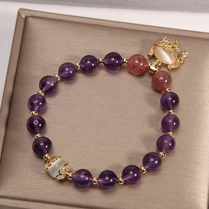 Buddha Stones Natürliches Amethyst-Erdbeerquarz-Katzenauge, chinesisches Schloss-Charm-Heilungsarmband - image 2