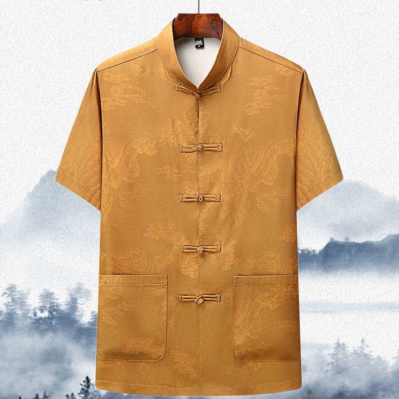 Buddha Steine Berge Bäume Tang Anzug Hanfu Traditionelle Uniform Kurzarm Top Hosen Kleidung Herren Set