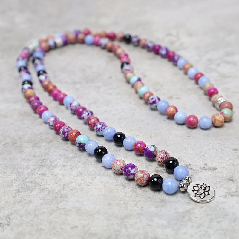 Buddha Stones Natur Lila Miano Echtstein Lotus Mala