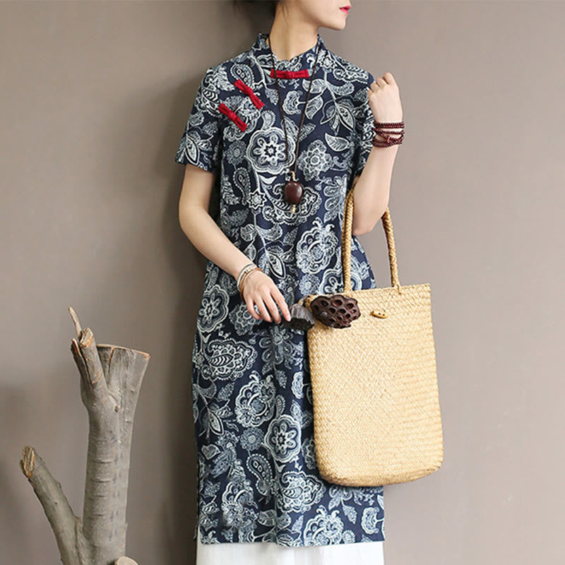 Buddha Stones Blau- Weiß Blume Froschknopf Cheongsam Kleider Kurzarm Leinenkleider mit Taschen